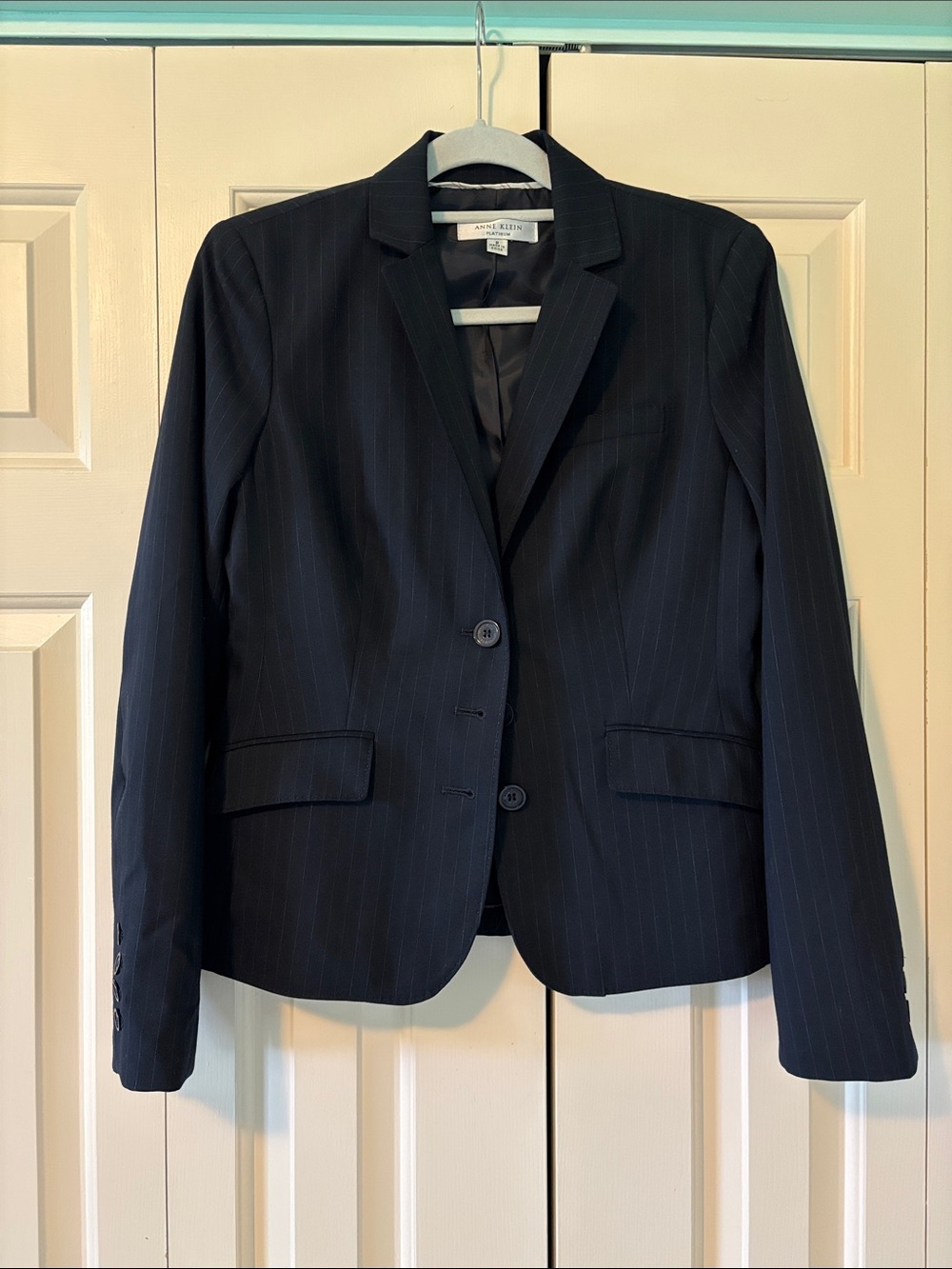 Ann Taylor Navy Pinstripe Three-Button Blazer
